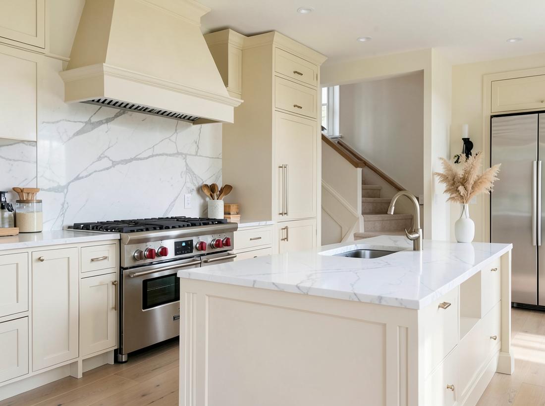 Cream kitchen fitted with an Xplain range cooker and refrigerator